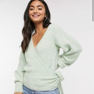 ASOS DESIGN wrap fluffy sweater in pale green